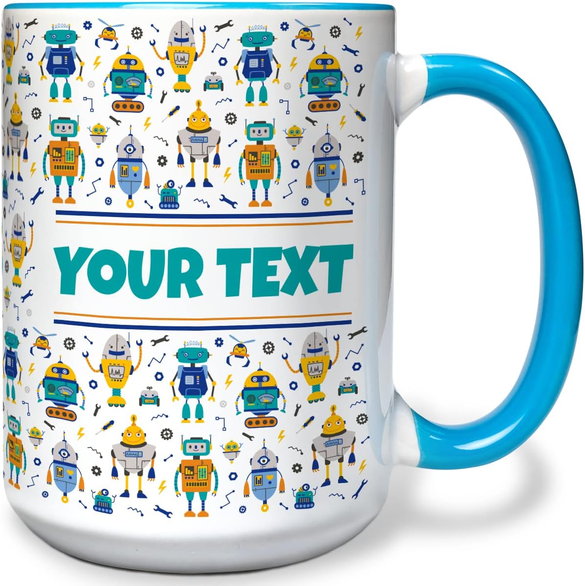 Personalized Mug for Kids - Robots - Custom Name/Text, Ceramic Hot Chocolate/Cocoa/Coffee Cup for Boys, Birthday/Christmas/Holiday Gift - 15 oz, Light Blue Handle