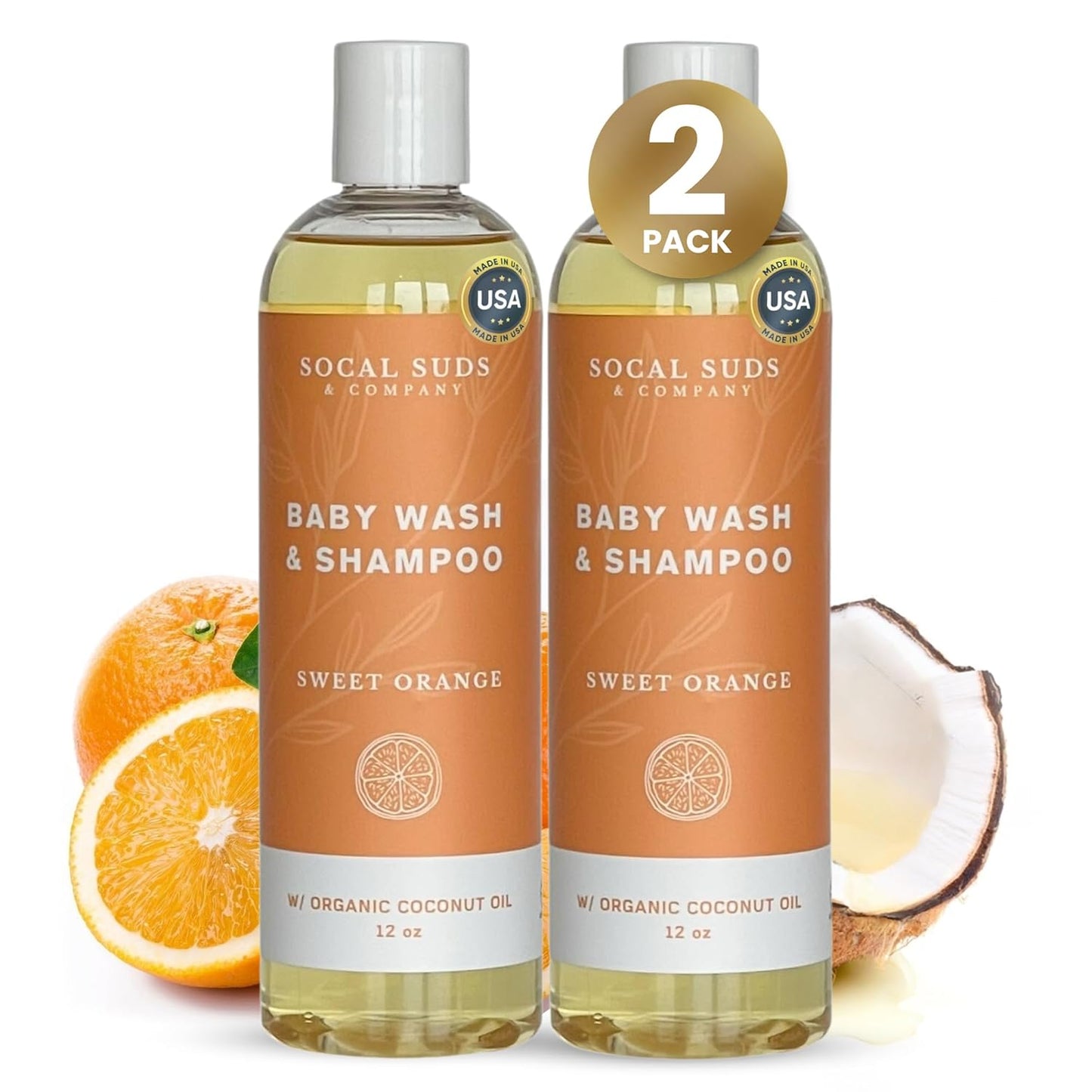 SoCal Suds & Company Baby Shampoo & Body Wash, 2-in-1 Organic Gel-Gentle Castile Soap with Vitamin-Infused Oils & Botanicals - Natural Care for Sensitive Skin Hypoallergenic - 12oz Sweet Orange 2-Pack