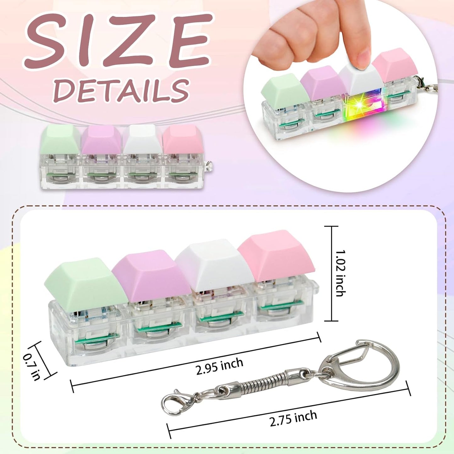 Keyboard Fidget Toys for Adults Keyboard Clicker with LED Light Keychain Fidget Sensory Fun Toys for Anxiety Decompression (Macaroon2, 4 in 1)