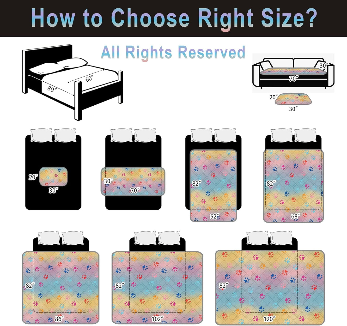 Waterproof Dog Bed Cover 30x70 inch Reversible Pad Reusable Camping Mat for Kids/Pet/Dog/Cat Washable Geometric Embroidery Blanket Patchwork Rainbow Dog Paw Printed+Gray