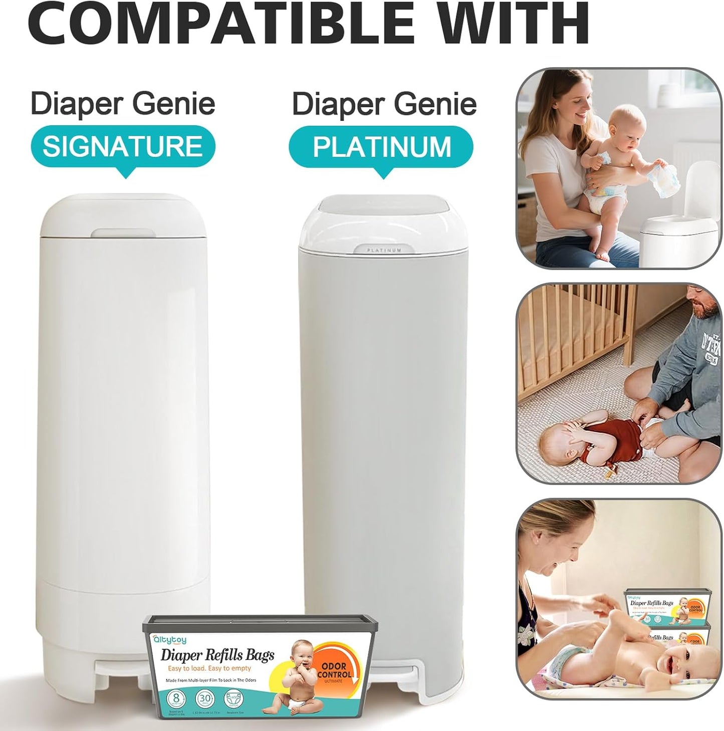 Refills Compatible with Diaper Genie Easy Roll Signature & Platinum Diaper Pail,5-Pack (150 Bags) for 7000 Newborn Diapers,7-Layer Powerful Odor Control.Extra Thickness,Durable & No Tear