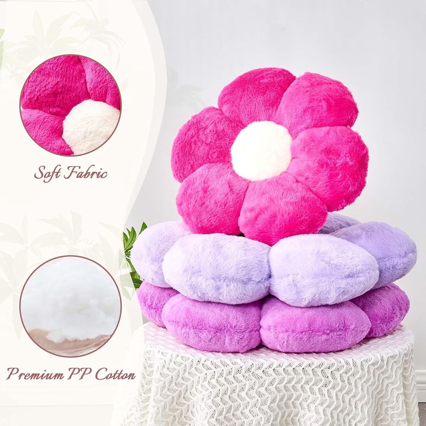 Hot Pink Flower Pillow, Cute Decorative Flower Shaped Throw Pillow with Faux Rabbit Fur, 14.9" Soft Flower Plush Throw Pillow Floor Pillows Room Décor for Bedroom Living Room