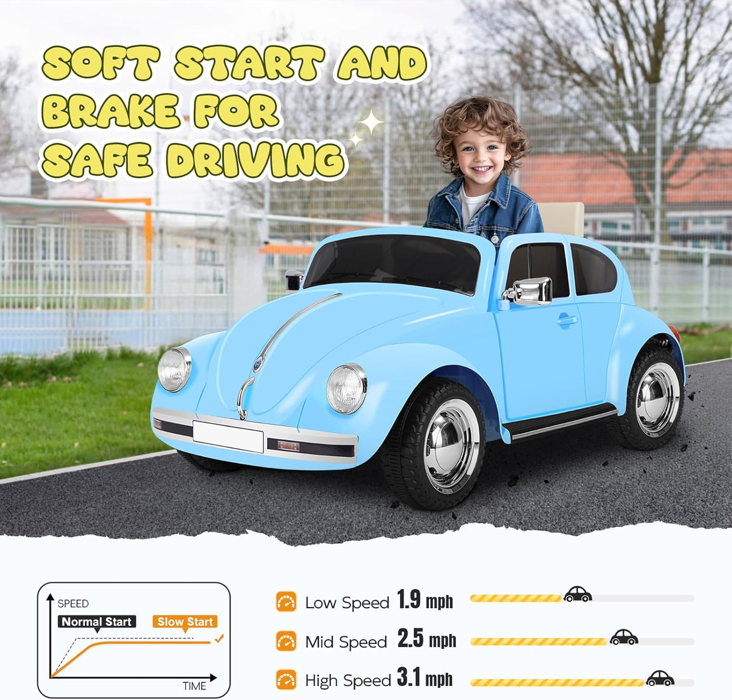 12V Kids Electric Car, Power Wheels with Remote Control, Ride on Car Toys with LED Light, 3 Speeds, Music, Blue