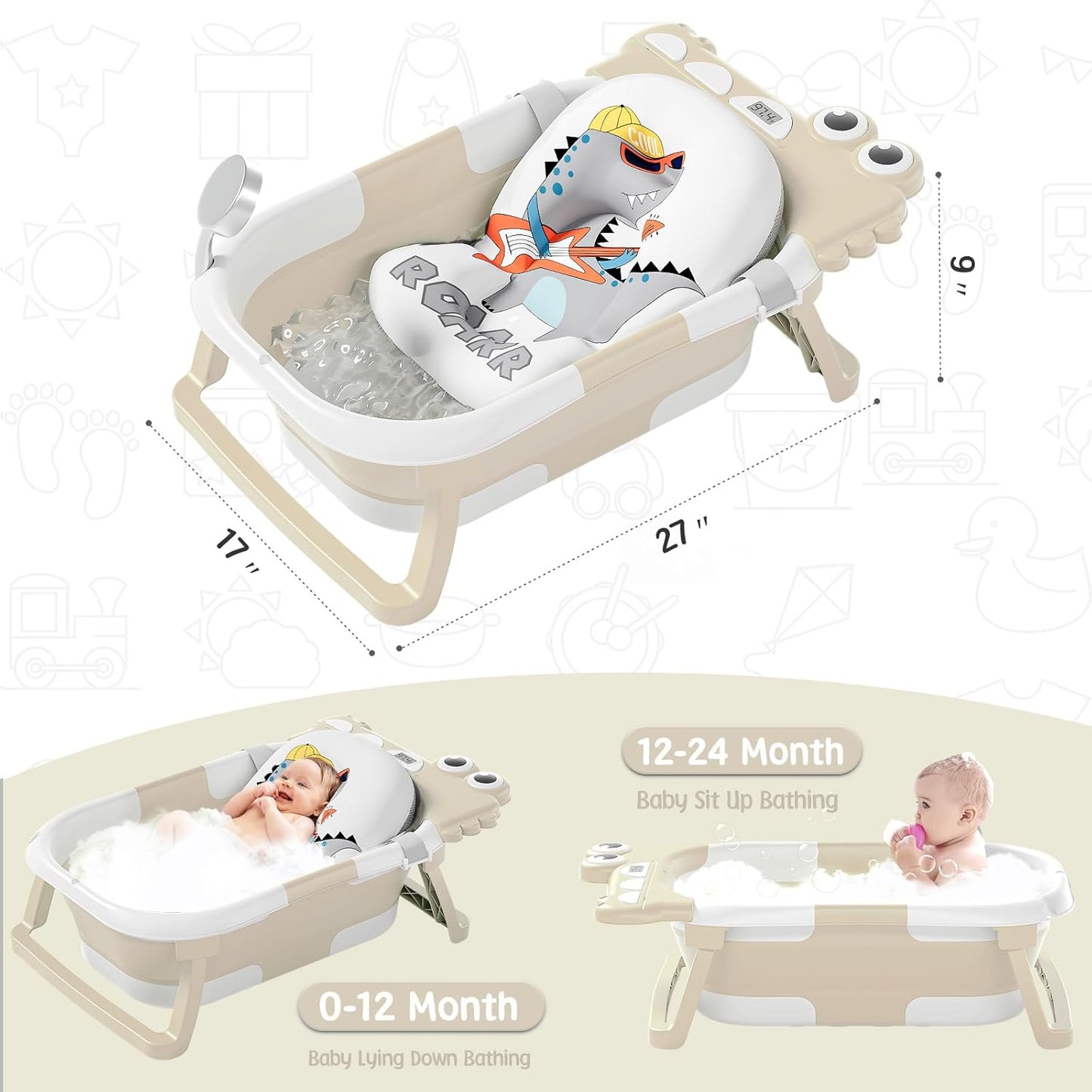 MoreFeel Collapsible Baby Bathtub for Newborn with Thermometer & 1 Hooded Towel & 1 Soft Floating Cushion,Portable Travel Bathtub with Drain Hole, Durable Foldable Baby Tubs for Infants to Toddler