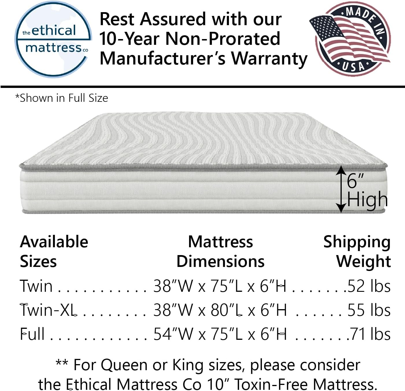 Ethical Mattress CO 6" Kid’s Mattress, Toxin-Free, Made in The USA with Organic Cotton, Wool, Latex & Pocketed Coils (Bed-in-a-Box); Perfect for bunk beds, trundles & Platform beds - Full Size