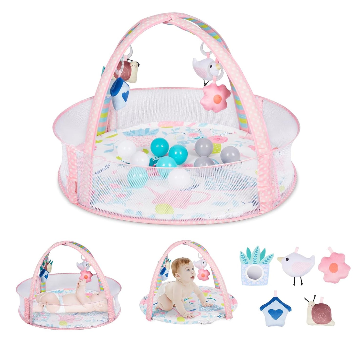 Baby Play Mat, 4-in-1 Baby Play Gym Tummy Time Mat with Ball Pit and 5 Detachable Toys for Newborn to Develop Sensory Exploration and Motor Skill 0-6-12 Months