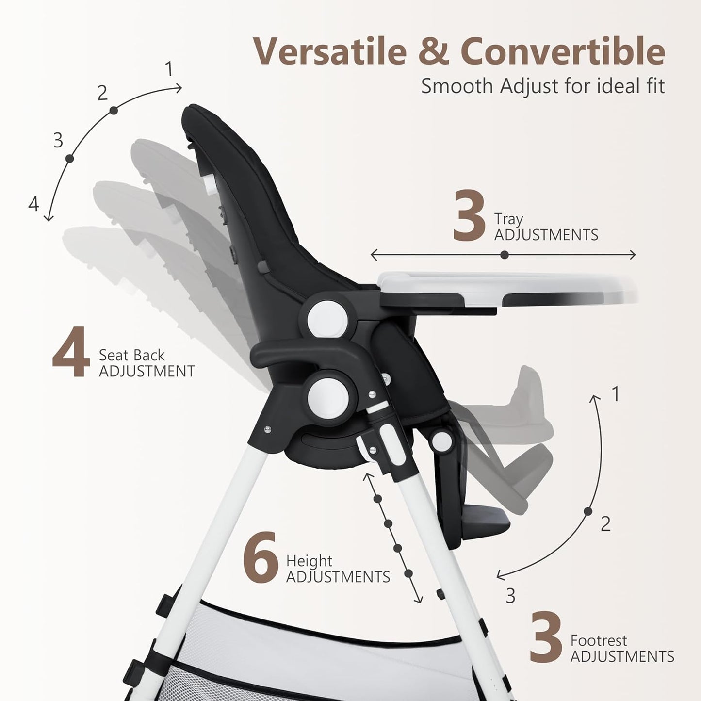 Kinder King Convertible Baby High Chair, Adjustable Feeding Chair for Babies and Toddlers with Removable Double Tray, Simple Compact Fold for Space-Saving, 2 Built-in Wheels, Easy to Clean, Black