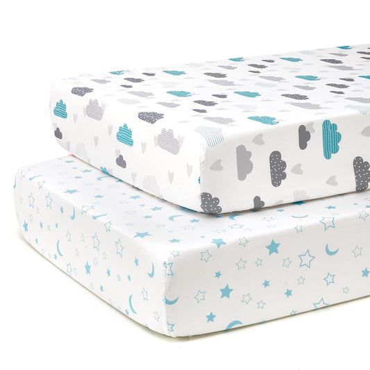 TILLYOU Baby Crib Sheets for Boys Girls, Super Soft Toddler Bed Sheets, 2 Pack Sheets for Standard Crib Mattress 28x52in, Blue Clouds and Stars