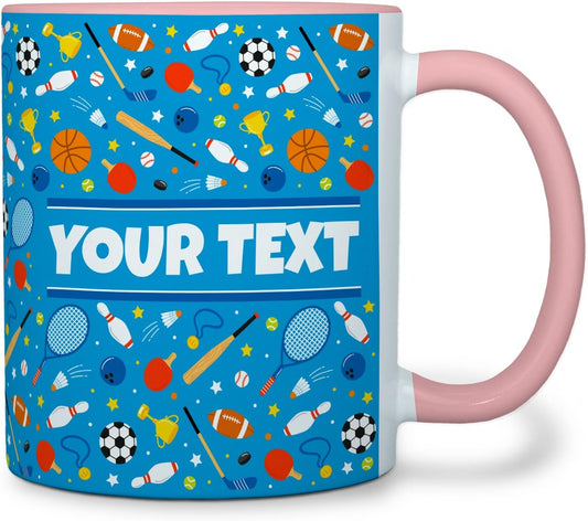 Personalized Mug for Kids - Sports - Custom Name/Text, Ceramic Hot Chocolate/Cocoa/Coffee Cup for Boys/Girls, Birthday/Christmas/Holiday Gift - 11 oz, Pink Handle