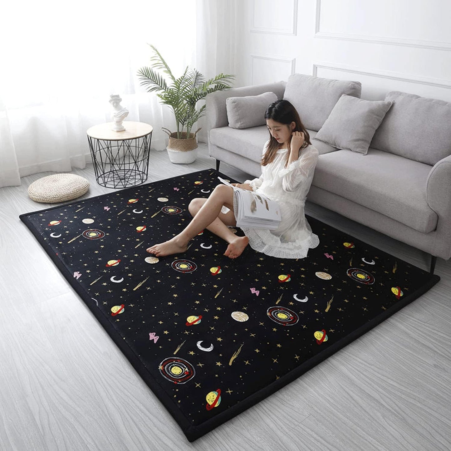 Loartee Coral Velvet Area Rug - 1" Thick Memory Foam Baby Play Mat, Washable Toddler Carpet, Home Decor for Living Room, Nursery, Kids Bedroom, Astral Black, 5'11"x6'7"