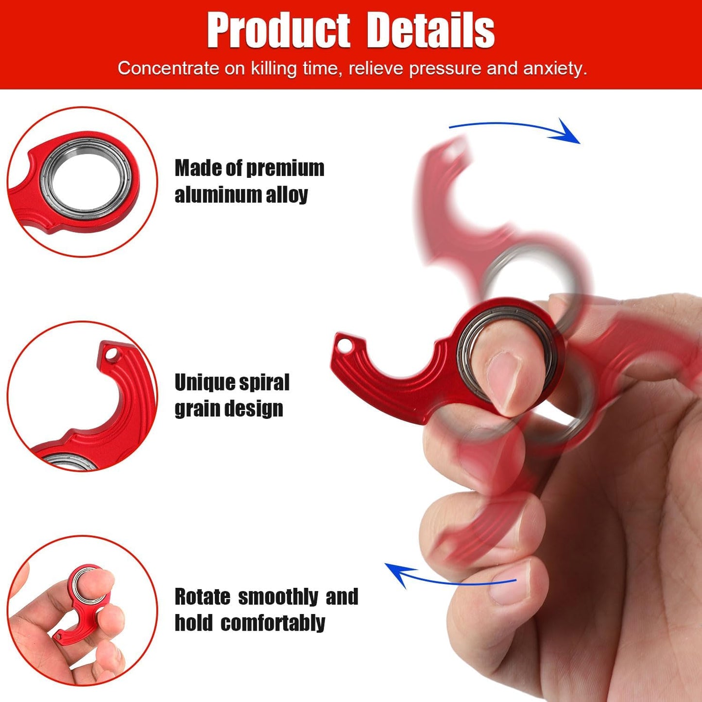 2pcs Key Chain Spinner Toys 0.67" Inner Diameter with 2pcs Key Rings, Finger Fidget Keychain Key Ring Spinner Toy Gifts for Kids Adults Finger Exercising Anxiety Relief (Silver, Red)