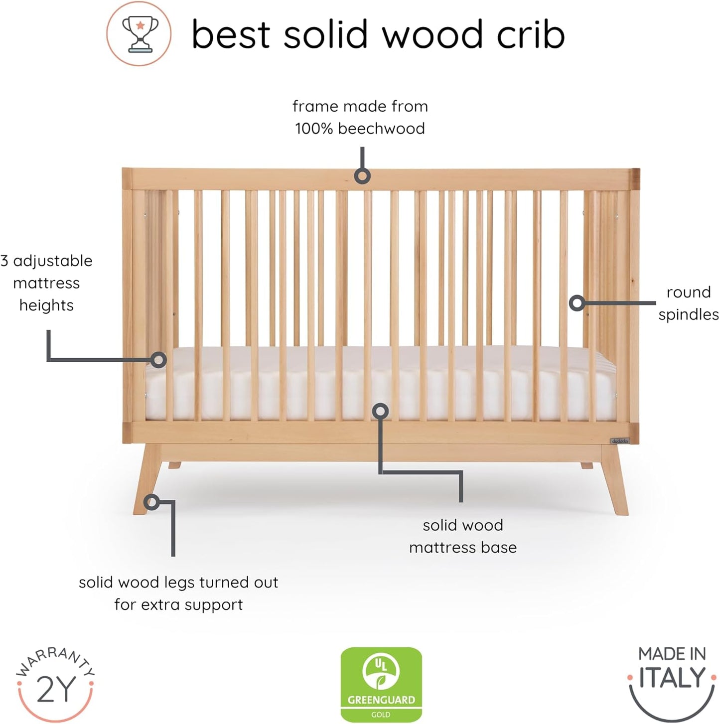 dadada Baby Soho 3-in-1 Convertible Wooden Crib to Toddler Bed - Made in Italy, GREENGUARD Gold Certified, Baby-Safe Finish, Sustainable Beech Wood, Modern Design, 3 Adjustable Heights (Natural)