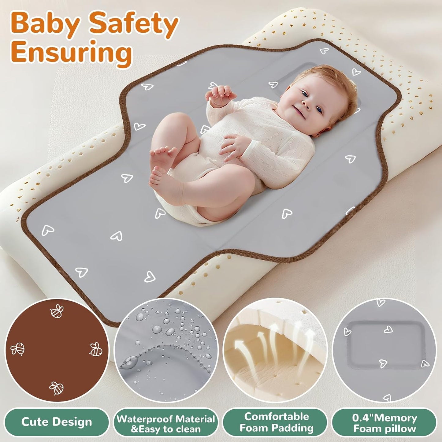 Portable Diaper Changing Pad, Waterproof Baby Changing Mat, Foldable Travel Baby Changing Station, Newborn Essential Baby Shower Registry Gift (Brown-Bee)