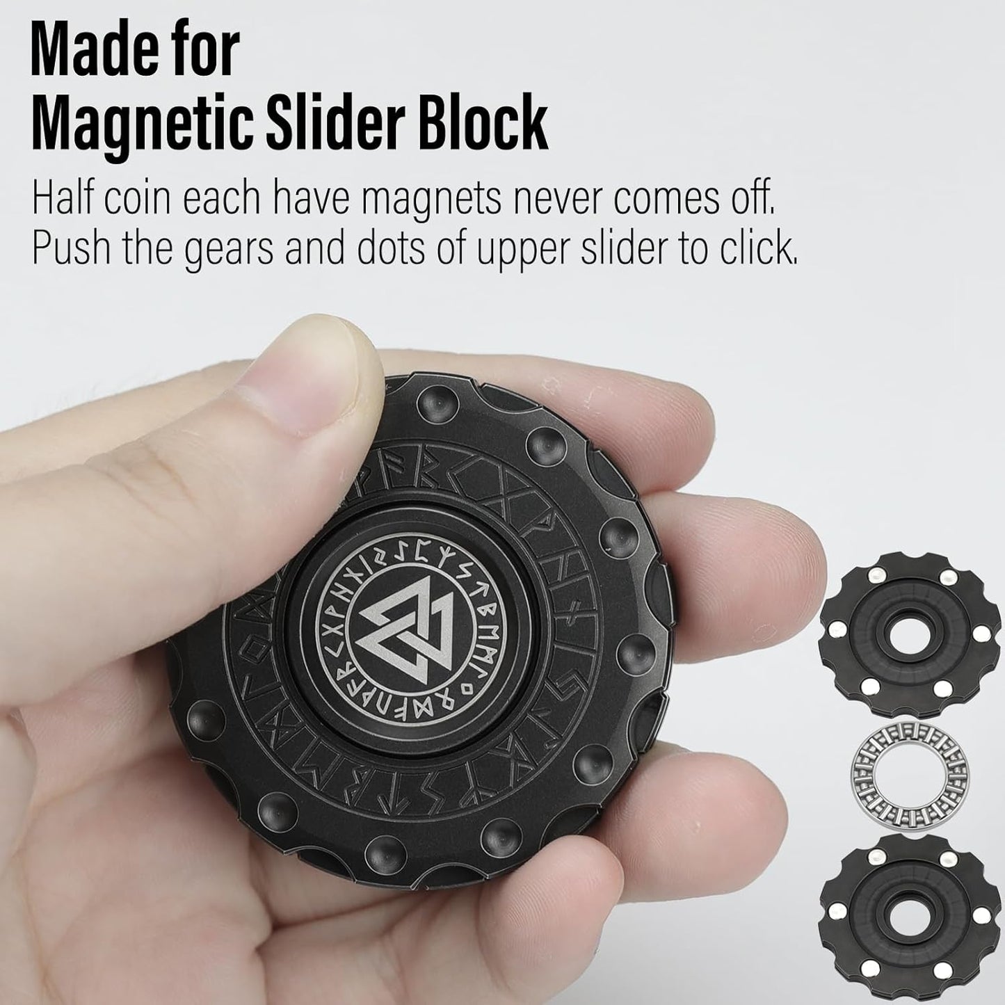 FREELOVE Metal Fidget Spinner Magnetic Slider, Viking Pirate Spinning Haptic Clicker, Heavy Stainless Steel Spin Clicky, Small Round Gear Click Gyro, Premium Silent Bearing, Adults Anxiety Cool, Black