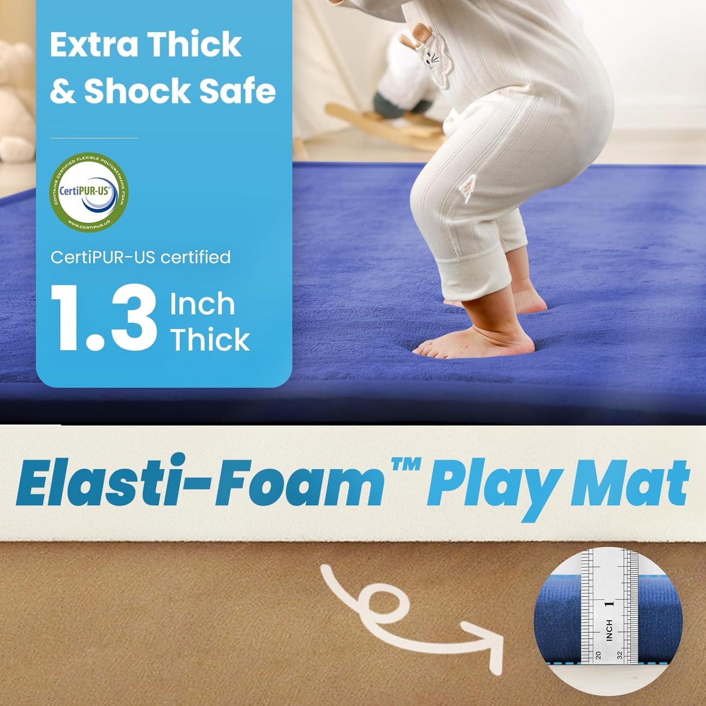 Baby Play Mat for Kids Room,Extra Thick Elasti-Foam Anti-Fall Cushion Mat for Babies,Toddlers,Infants,Water-Repellent&Non-Slip Bedroom Bedside Rugs(Royal Blue)