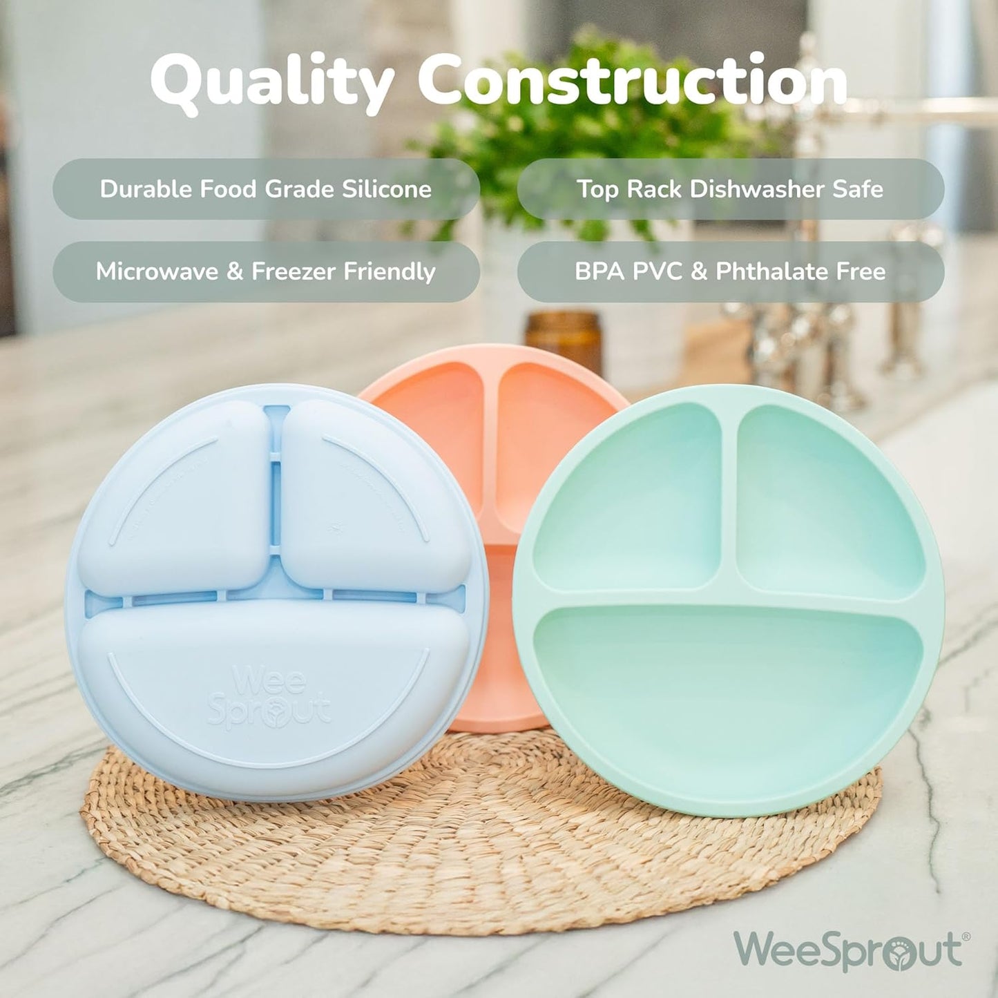 WeeSprout Silicone Divided Plates (With Lids), 100% Food Grade, Toddler & Kids Plates, Dishwasher & Microwave Safe