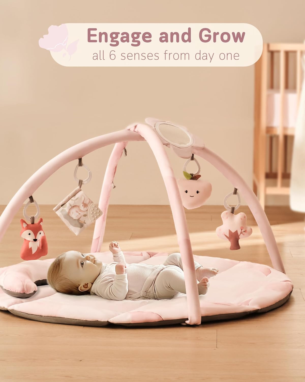 Fortella Baby Play Gym & Activity Mat, Tummy Time Mat w 5 Detachable Toys and Pillow, Large Sensory Playmat for Floor, Newborn Infant Baby Essentials Shower Gift 0-3-6-9-12 Months (Rose Pink)