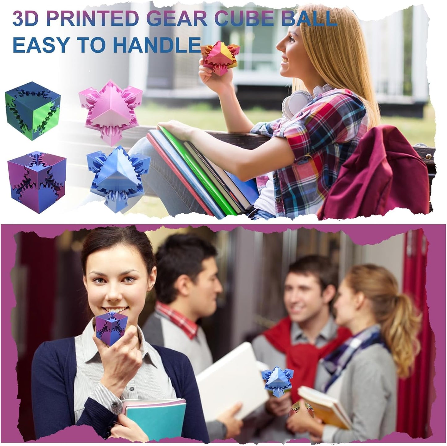 Gear Sphere Gear Cube 3D Printed Gear Ball Spin Cube Fidget Toy Relieving Stress & Anxiety, Fidget Cube GearSphere Desk Toy, Whirling Wonder Fidget for Sensory and Autism (Laser Pinky White)