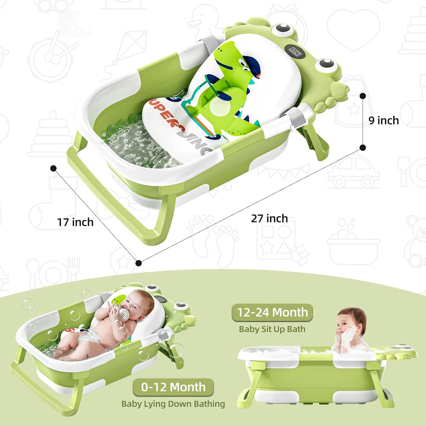 Collapsible Baby Bathtub for Newborns to Toddler with Real-time Temp Monitor & Floating Cushion,Portable Travel Tub for 0-36 Month, Foldable Baby Bath Tub for Infants(Green)