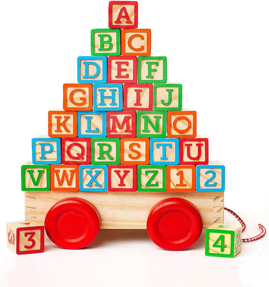 Building Blocks for Toddlers 1-3 Years Old, 30 Large Stackable Wooden Baby Blocks with Alphabet and Number Icons on Every Side, Toy Wagon Included﻿