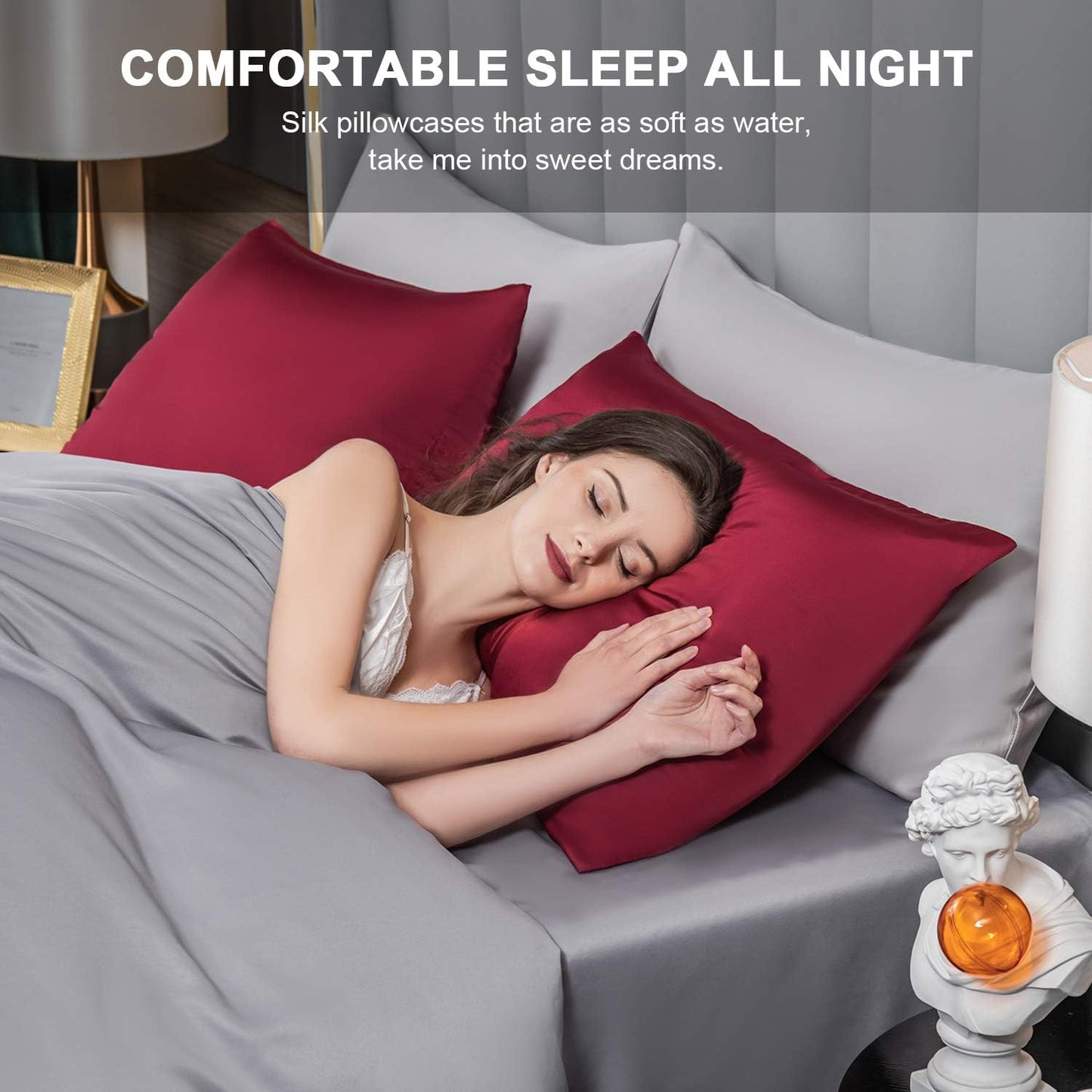 Mulberry Silk Pillowcase for Hair and Skin,Standard Size Cooling Silk Pillow Case with Hidden Zipper,Allergen Proof Dual Sides Soft Breathable Smooth Silk Pillow Cover for Women(Standard,Dark Red)