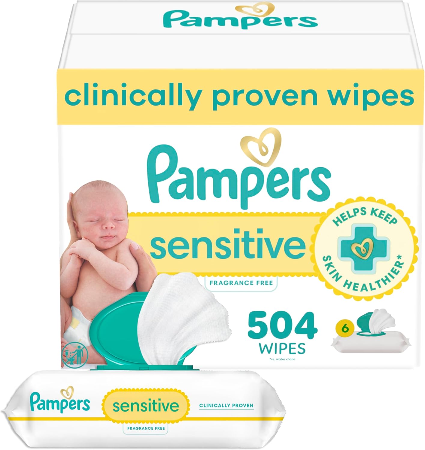 Pampers Sensitive Baby Wipes, Water Based, Hypoallergenic and Unscented, 6 Flip-Top Packs (504 Wipes Total)