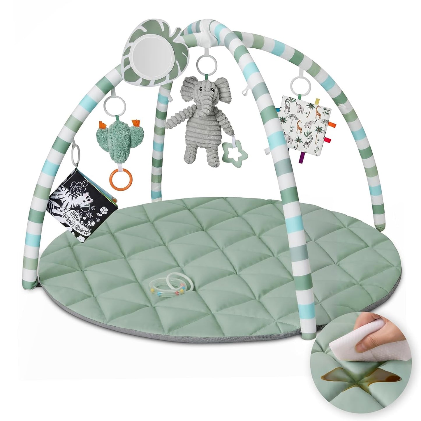 Blissful Diary Waterproof Baby Play Gym Mat, Wipe-Clean Vegan Leather Tummy Time Mat with 6 Detachable Toys, Baby Activity Mat, Sage Green