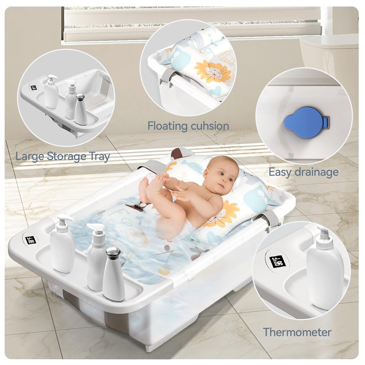 Collapsible Baby Bathtub with Stand - Large Capacity Baby Bath Tub with Thermometer & Soft Cushion | Portable Travel Newborn Infant Bathtub | Foldable Toddler Bathtub for Baby 0 to 36 Months