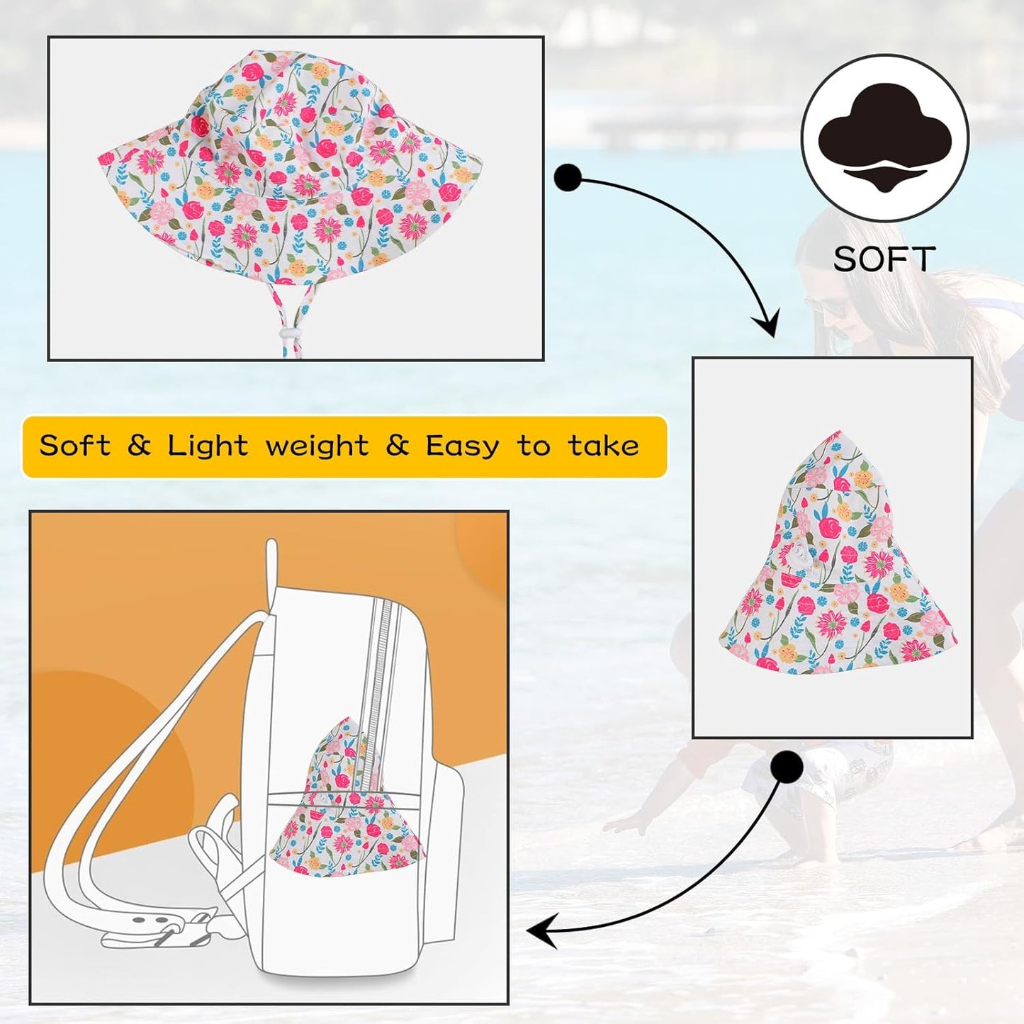 Peecabe Summer Baby Sun Hat for Boys Girls UPF 50+ Wide Brim Toddle Bucket Hat Adjustable Baby Beach Cap 0-8 Years