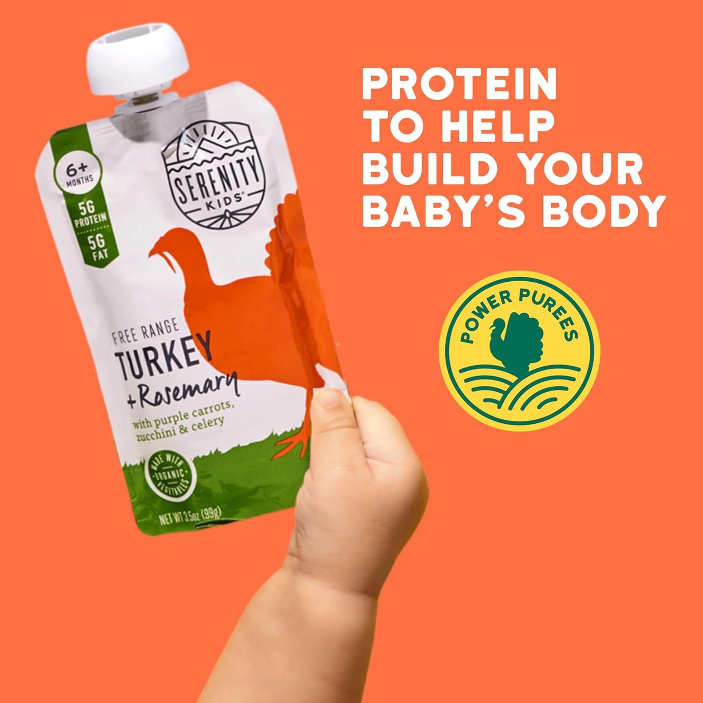 Serenity Kids 6+ Month Baby Food Puree Pouches with Ethically Sourced Meat & Organic Veggies - 3.5 Oz BPA-Free Pouch - Free Range Turkey, Rosemary, Carrot, Zucchini - 6-Pack Turkey Infant Food