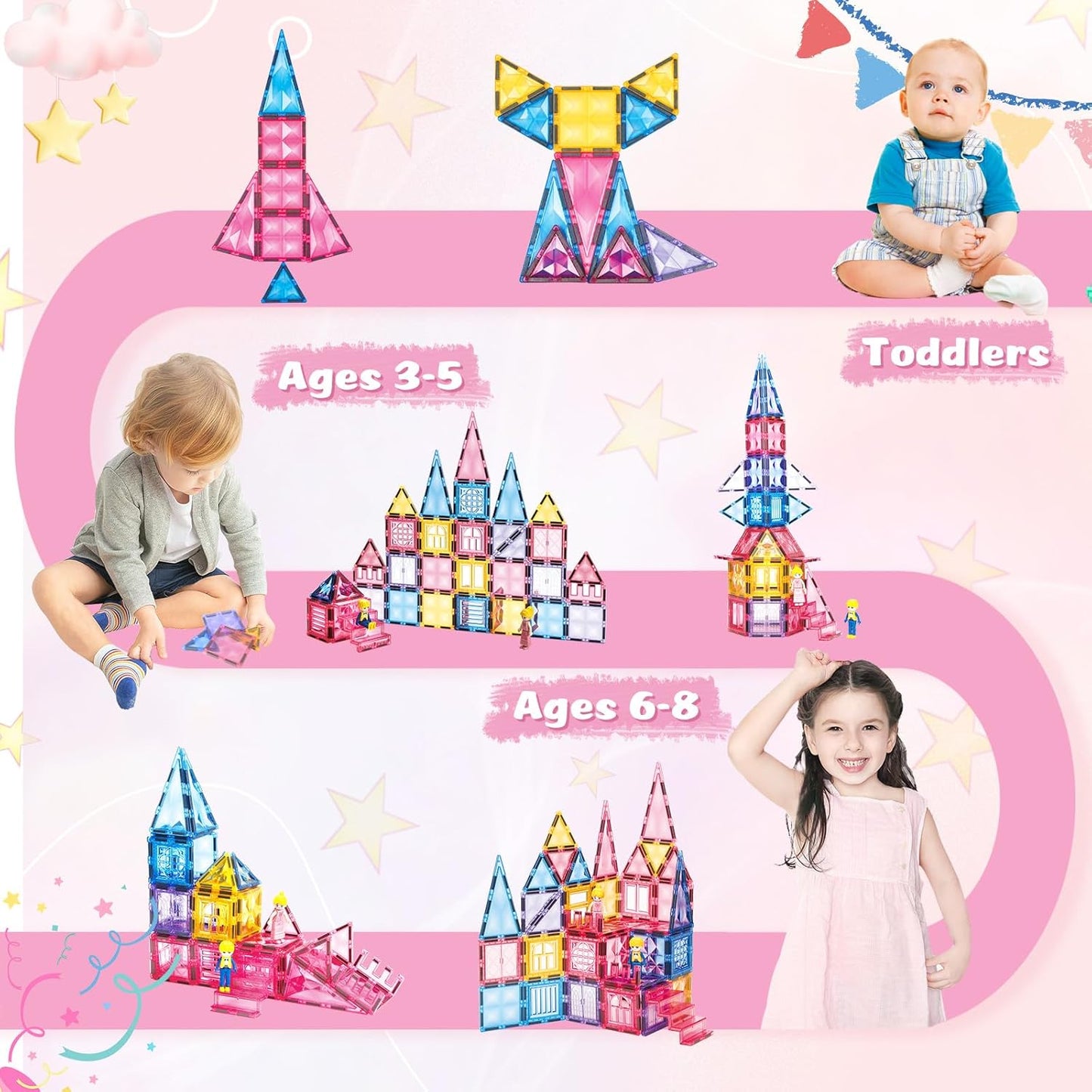 Pink Castle Magnetic Tiles for Kids Ages 3-8, 3D STEM Toys with Sparkling Building Blocks, Creative Educational Gift for Boys and Girls, Preschool Learning Toys for Birthday