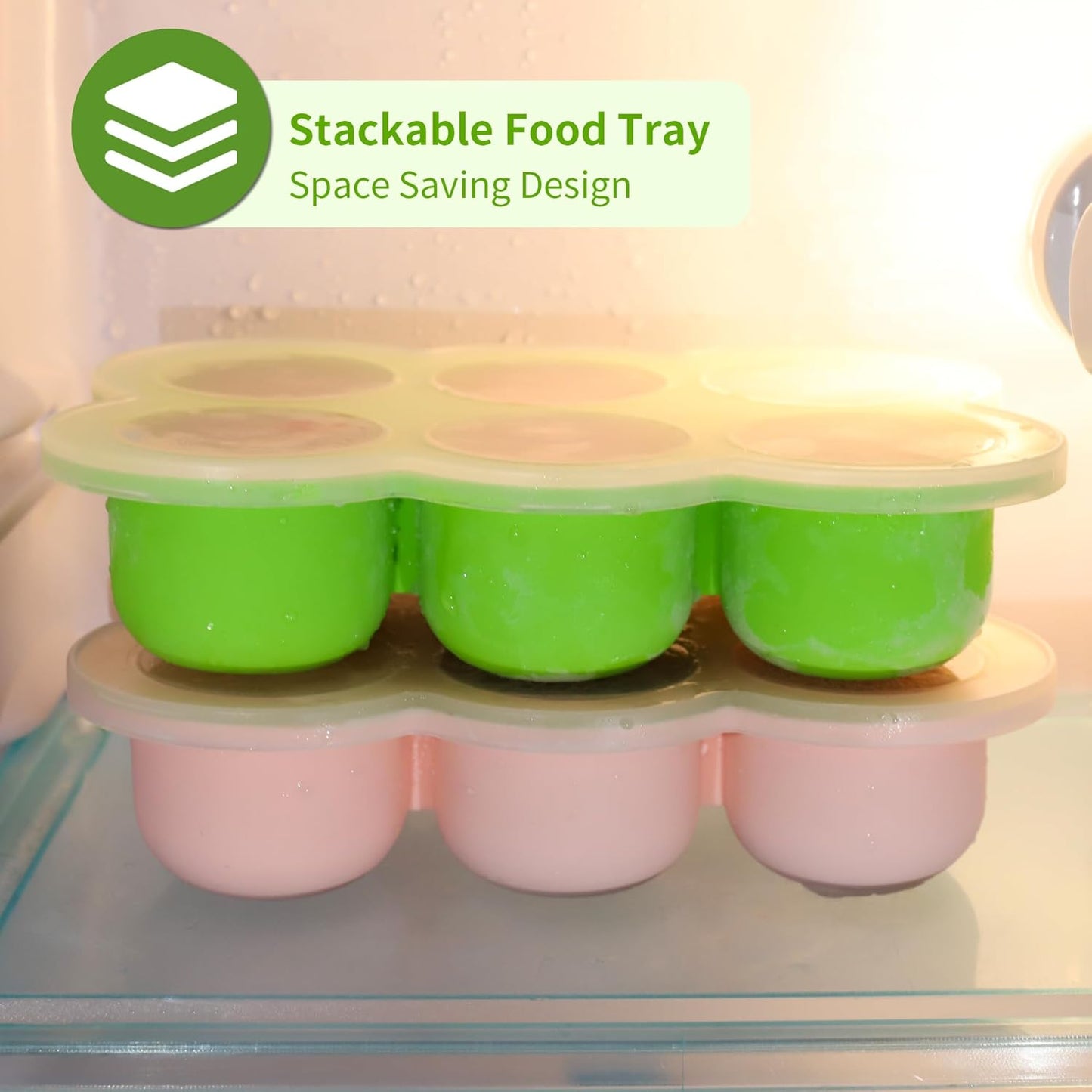 Baby Silicone Freezer Tray with Clip on Lid, 6 x 3 OZ Baby Silicone Freezer Molds, Silicone Storage Container for Homemade Baby Food, Fruit Purees & Vegetables (Bright Green)