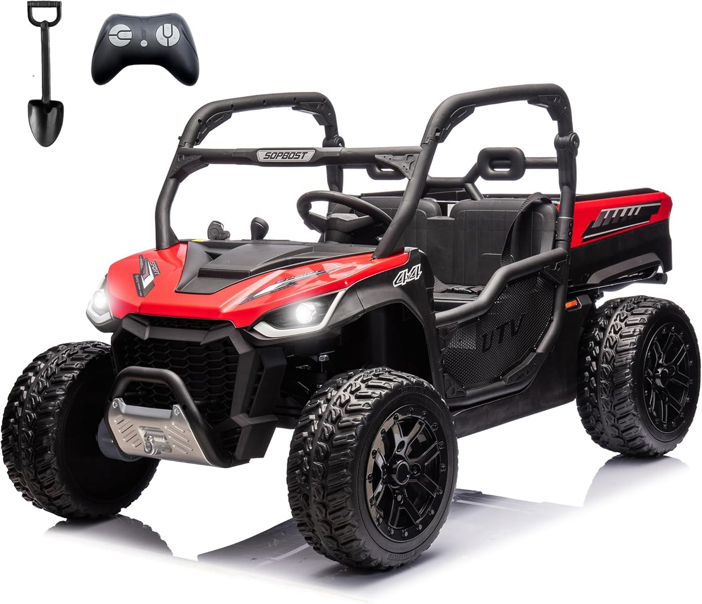 sopbost 24V 10Ah Ride On Toys for Big Kids to Drive 2 Seater Ride On Car with Remote Control Battery Powered Side by Side UTV with Large Dump Bed, 4x75W Motors, Red & Black