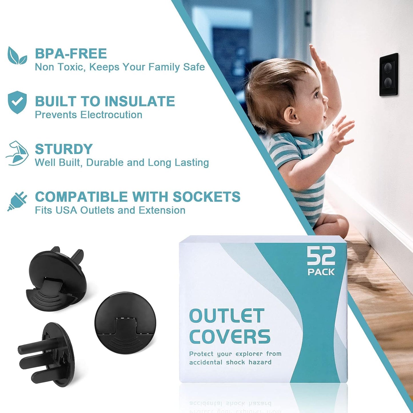 52 Pack Black Safety Outlet Covers Baby Proofing, Electrical Socket Outlet Plugs 3-Prong Child Proof for Kids House