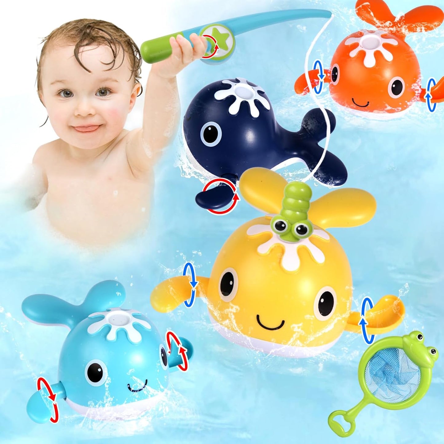 Baby Bath Toys Set, Wind Up Pool Toys for Toddlers 1-3, Kids Magnetic Fishing Toys with 1 Fishing Rod & 1 Net & 4 Brightly Colored Whales, Boys and Girls Birthday Gifts
