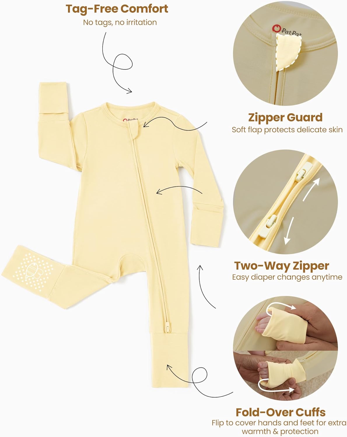 PATPAT Baby Footies Boys Girls - Bamboo Viscose - Zipper & Non-Slip Soles Romper Mitten - Footed & Footless Infant Clothes