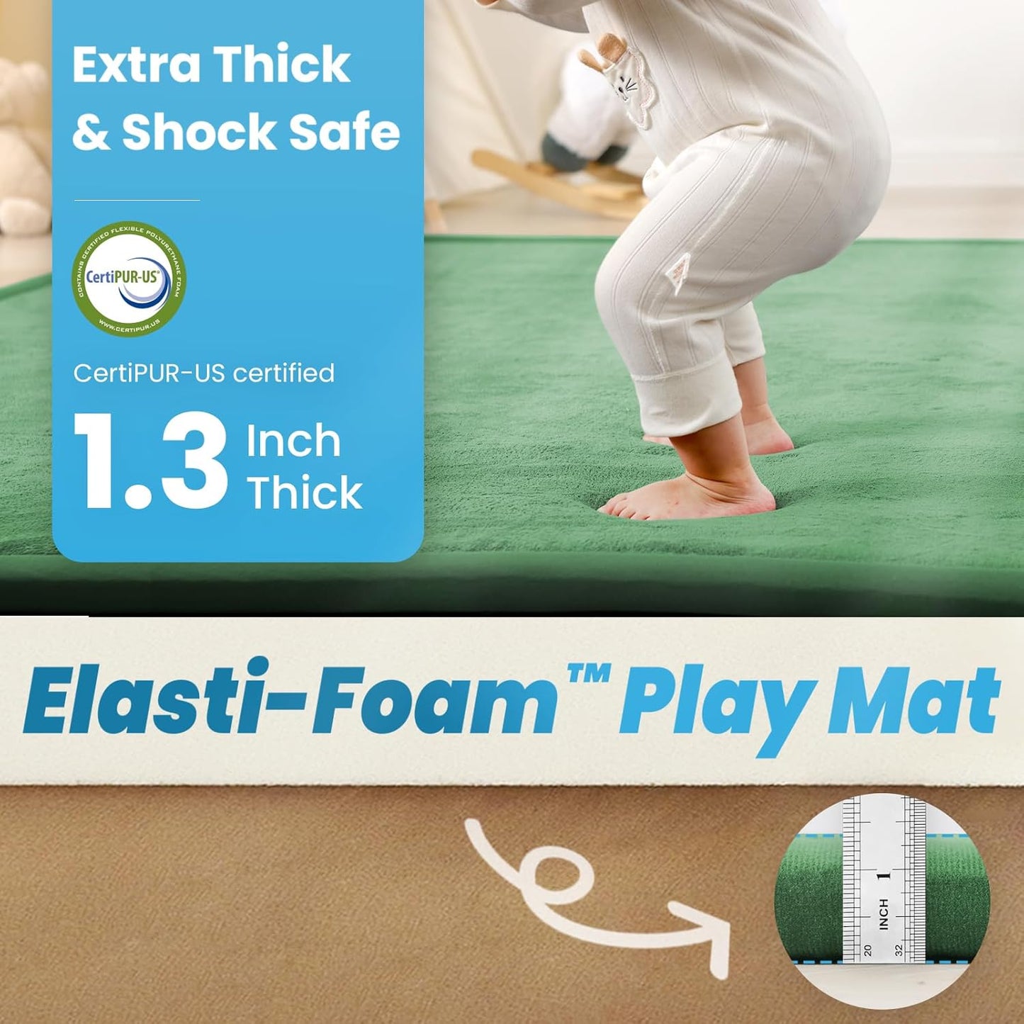 Ultra Soft Baby Play Mat,1.3" Thick Elasti-Foam 59"×71" Playpen Mat for Infants,Toddlers,Kids,Water-Repellent Coral Fleece Nursery Rug,Non-Slip Safe for Tummy Time&Crawling(Emerald)