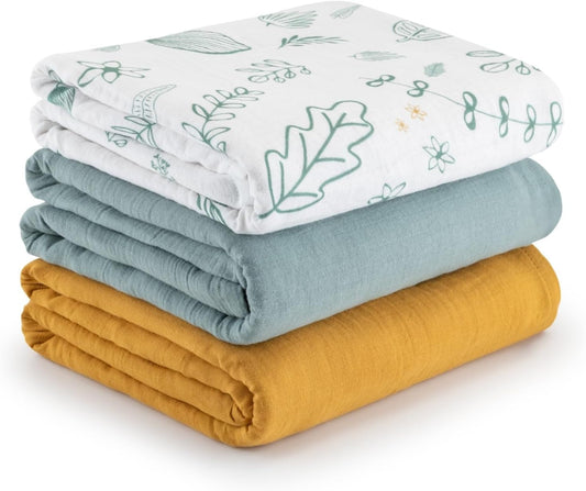 Muslin Swaddle Blankets for Newborns 3 Pack, Soft & Breathable Baby Receiving Blankets 35” x 43” Unisex Infant Essentials with Reusable Bag, 100% Turkish Cotton, Oeko-TEX Certified