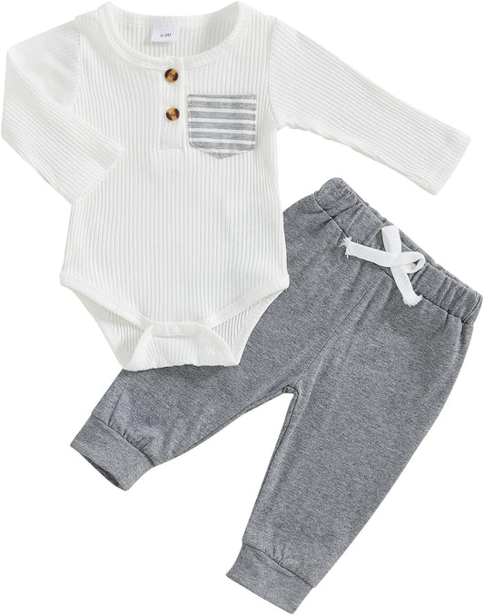 fhutpw Baby Boy Clothes 3 6 12 18 Months Ribbed Knitted Long Sleeve Romper and Pants Sets Newborn Fall Splicing Color Outfits