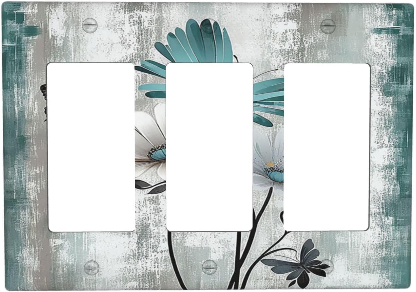 Light Switch Covers Rustic Teal Daisy Floral Flowers Butterfly Wood Grain 3 Gang Rocker Electrical GFCI Decorative Triple Outlet Wall Plate Cover Switchplate for Bathroom Bedroom Decor