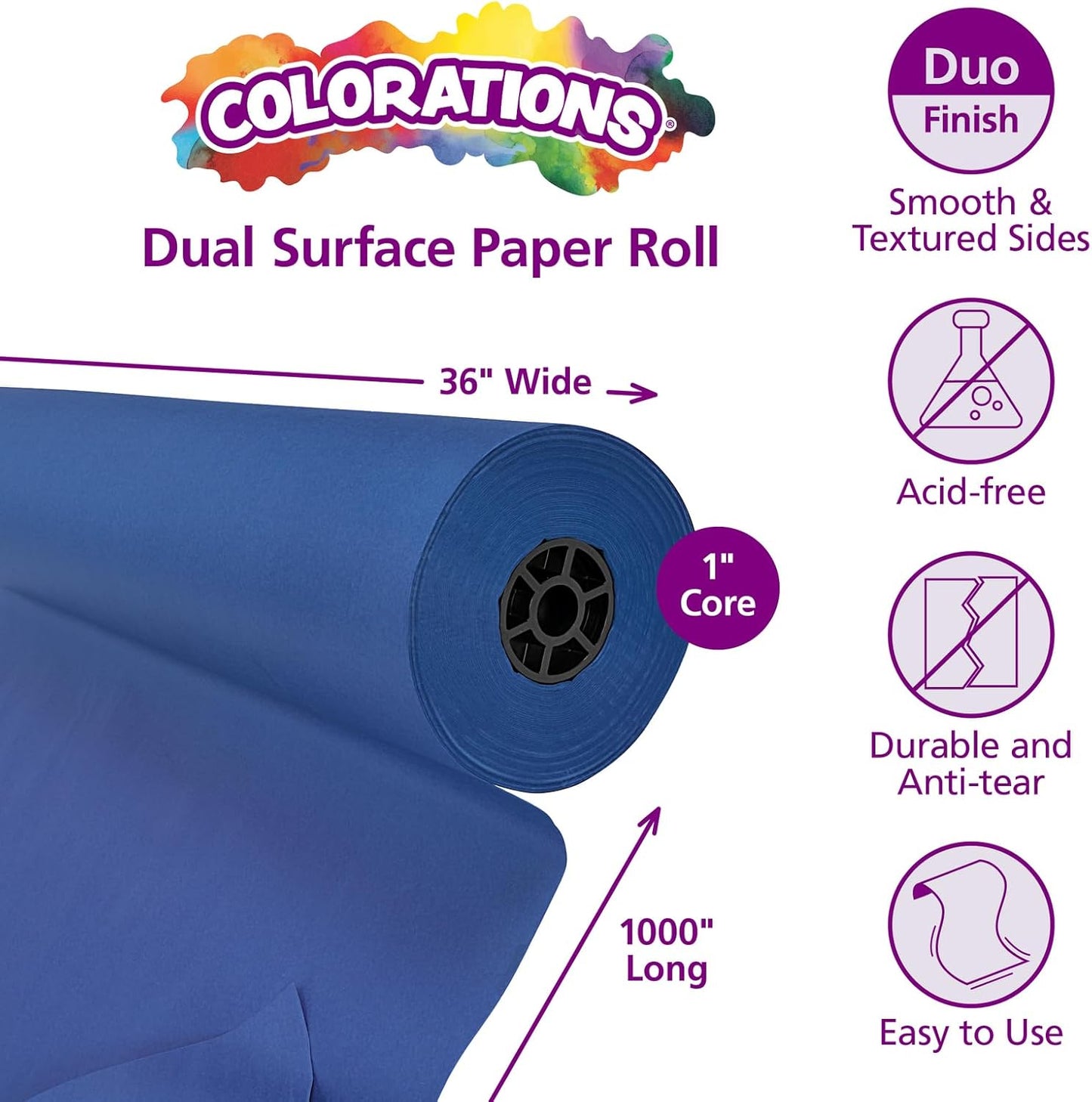 Colorations Arts and Crafts Paper Roll - 36" x 1000', Dark Blue , Dual Surface, Markers, Finger Paints, Painting, Watercolors, Acrylic Paints, Wall Art, Bulletin Board Paper, Kids Crafts