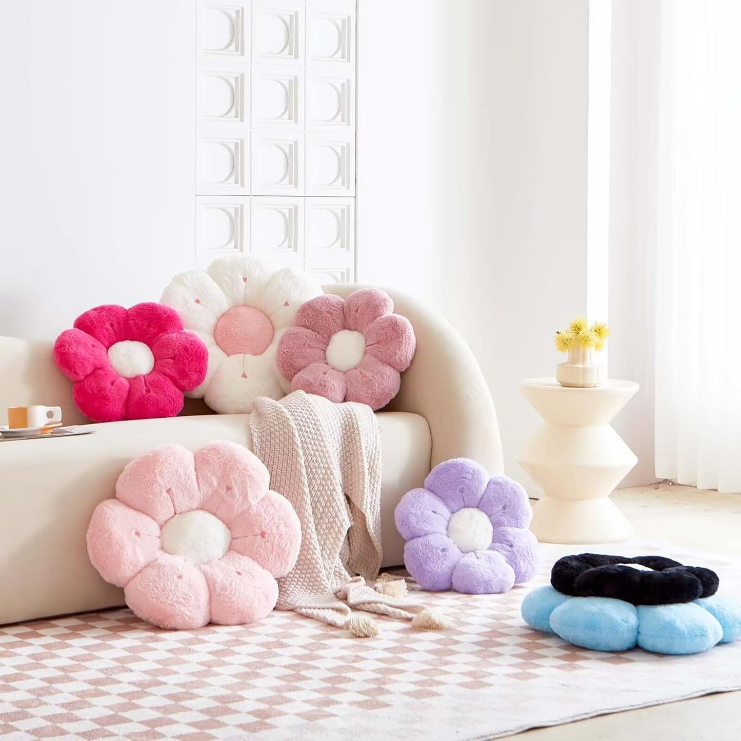 Flower Pillow, Cute Flower Shaped Decorative Pillow, Soft Rabbit Fur Daisy Pillow Home Decor Floor Seating Cushion for Bedroom Living Room (Blue 19.6 Inch)