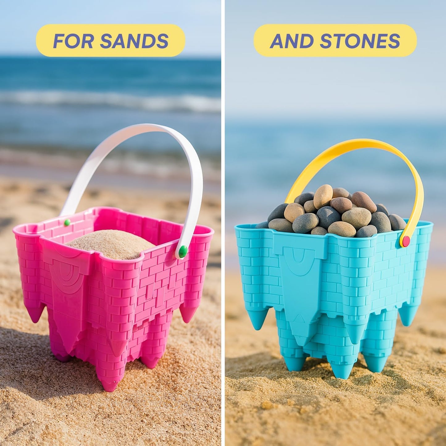 Sand Castle Building Kit, Beach Toys, Beach Bucket, Set of 4 Sand Castle Molds for Kids, Gift Toy for Ages 1 2 3 4 5 6 7 8 9, Older Kids and Toddlers, Sandcastle Building Kit Pail for Kids