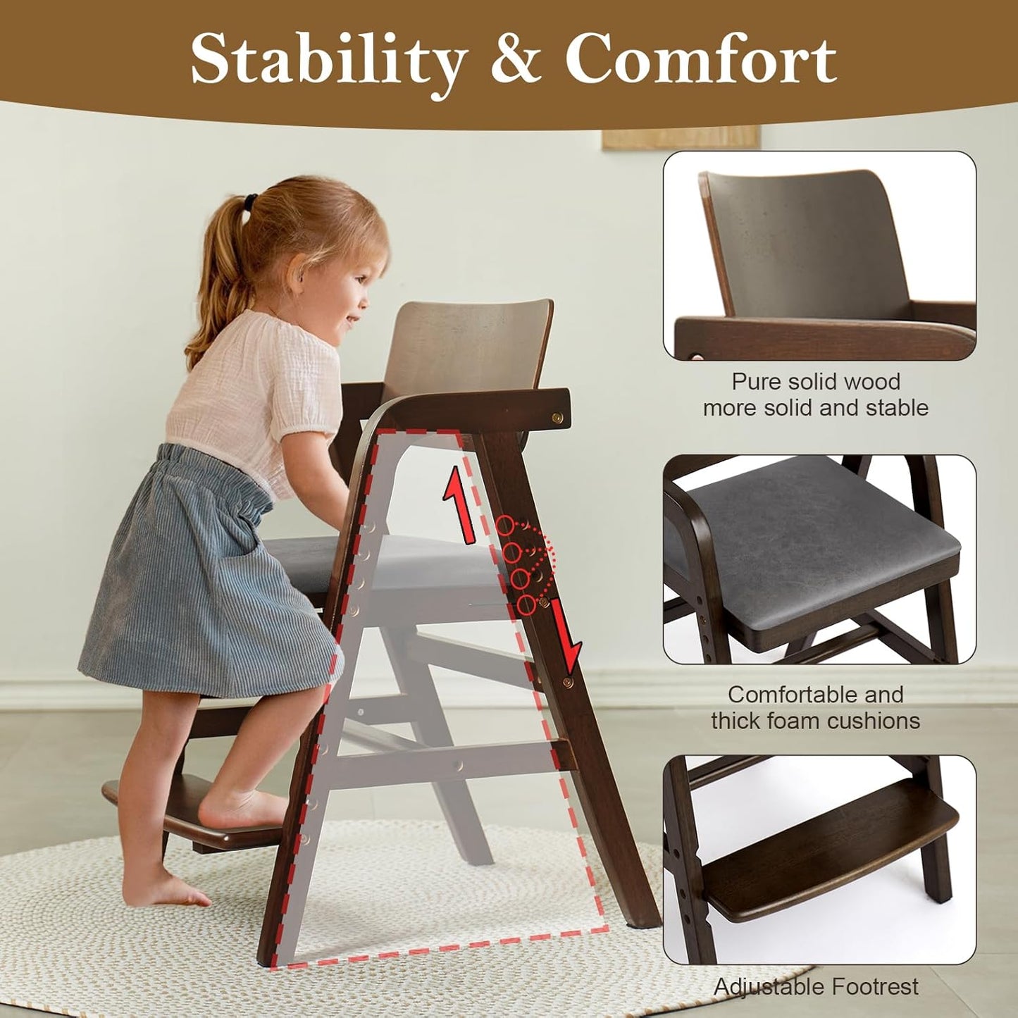 Solid Wood High Chair for Toddlers to Teens, Adjustable Height Toddler Dining Chair, Easy to Clean Toddler Highchair with Removable PU Cushion for Dining, Studying, Step Tool, Walnut