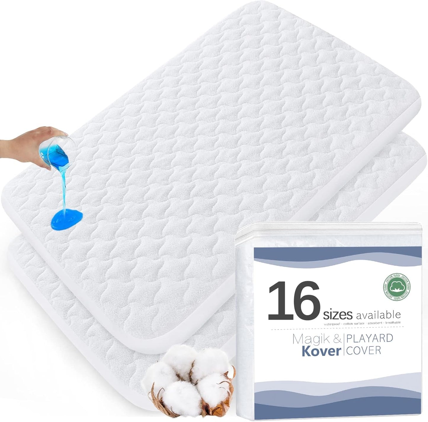 Pack and Play Mattress Pad Protector 38" x 26", 2 Pack Waterproof Pack and Play Cover Sheets, Compatible with Graco Pack n Play, Baby Trend, Dream On Me & Pamo Babe, Quilted Cotton Terry Surface