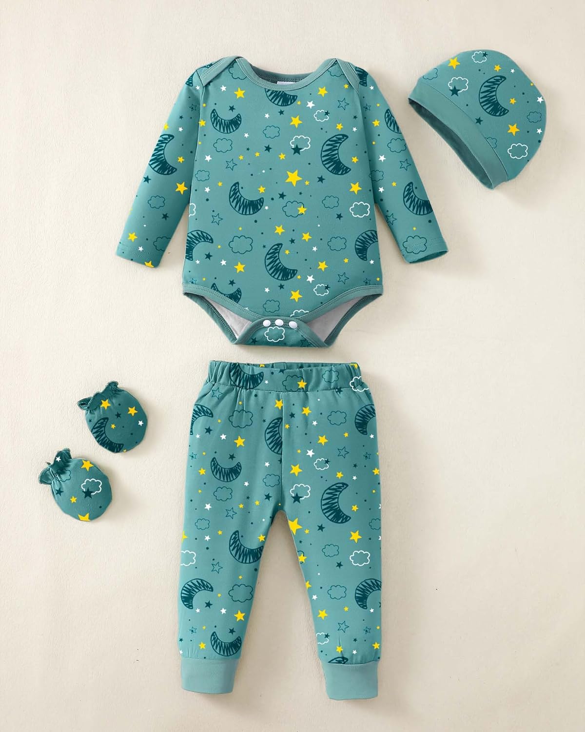 NZRVAWS Newborn Baby Boy Girl Clothes Unisex Infant Romper Pants Set Hat 4-Pack Outfits 0-12 Months 16 Pieces Toddler