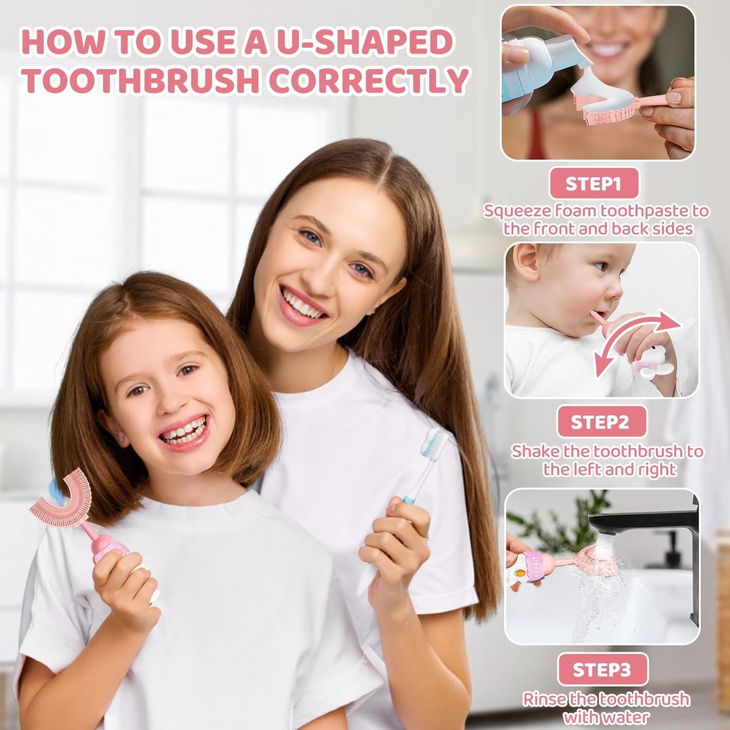 U-Shaped Toothbrush for Kids Ages 2-7，Soft Food-Grade Silicone for Sensitive Gums，360° Teeth Cleaning Design，Training & Travel-Friendly Toddler's Toothbrush (Pink)