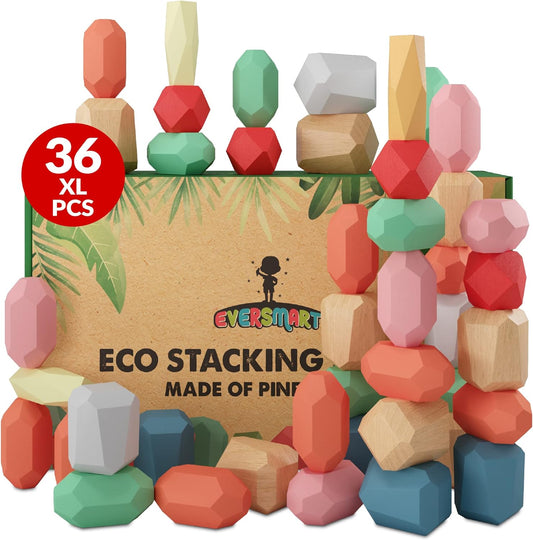 36 Pcs Wooden Stacking Blocks – Montessori Toys for 1 2 3 4 5 6 Year Old Toddlers and Kids, XL Rocks, No Choking Hazard – Sensory STEM Building Stones, for Girls and Boys