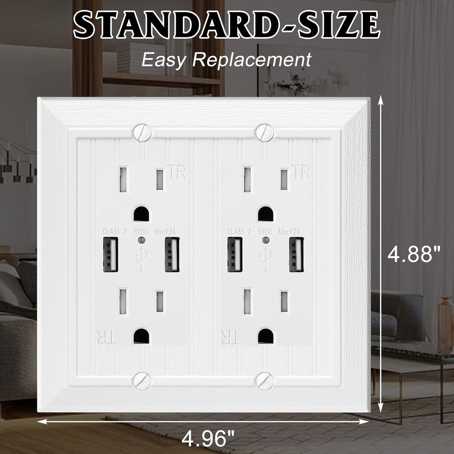 Modern Decorative Wall Plate Switch Plate Outlet Cover, Vintage Retro Wood Grain Design (Double Decorator-4 Pack, White)