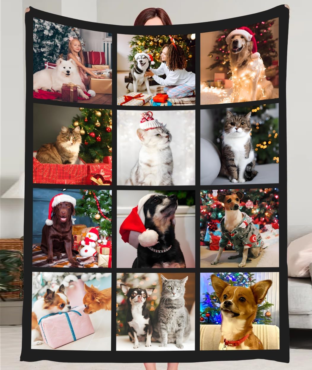 Custom Blankets with 12 Photos, Personalised Gifts for Mom Dad Girlfriend Boyfriend on Christmas, Customized Blanket for Couples